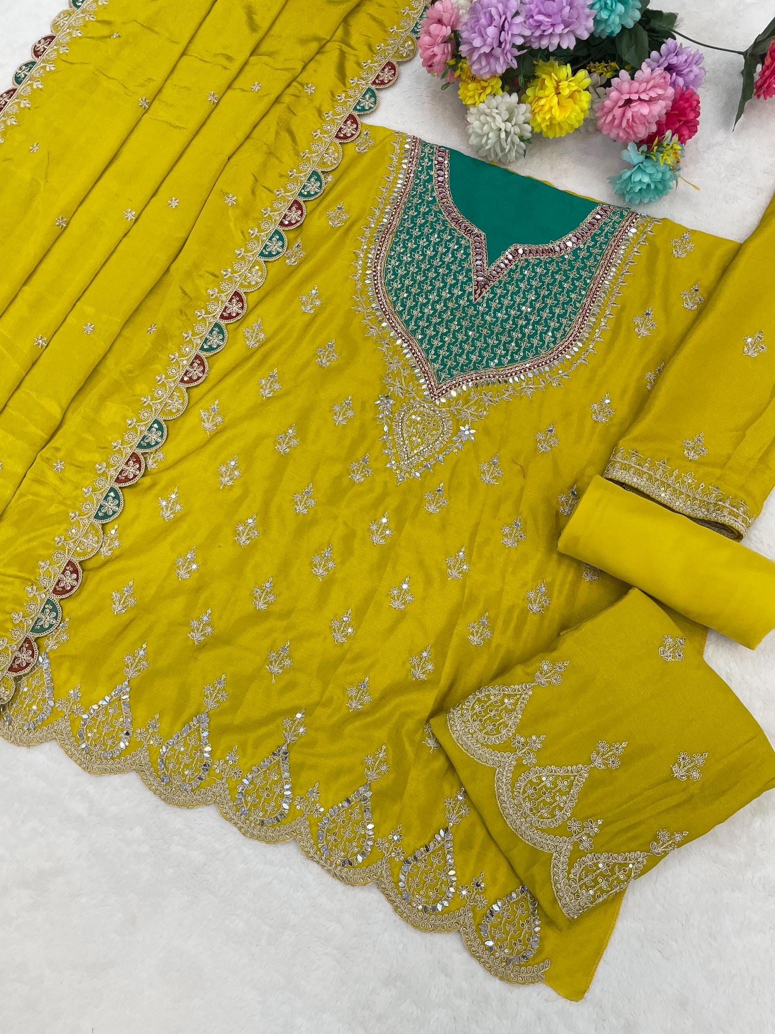 Yellow Chinon Designer Embroidered Palazzo Suit