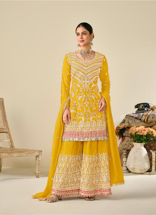 Yellow Chinon Embroidered Palazzo Suit