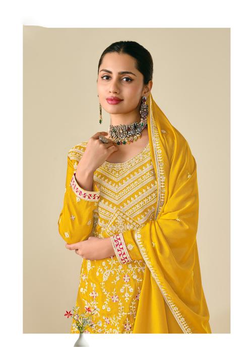 Yellow Chinon Embroidered Palazzo Suit — alternate view