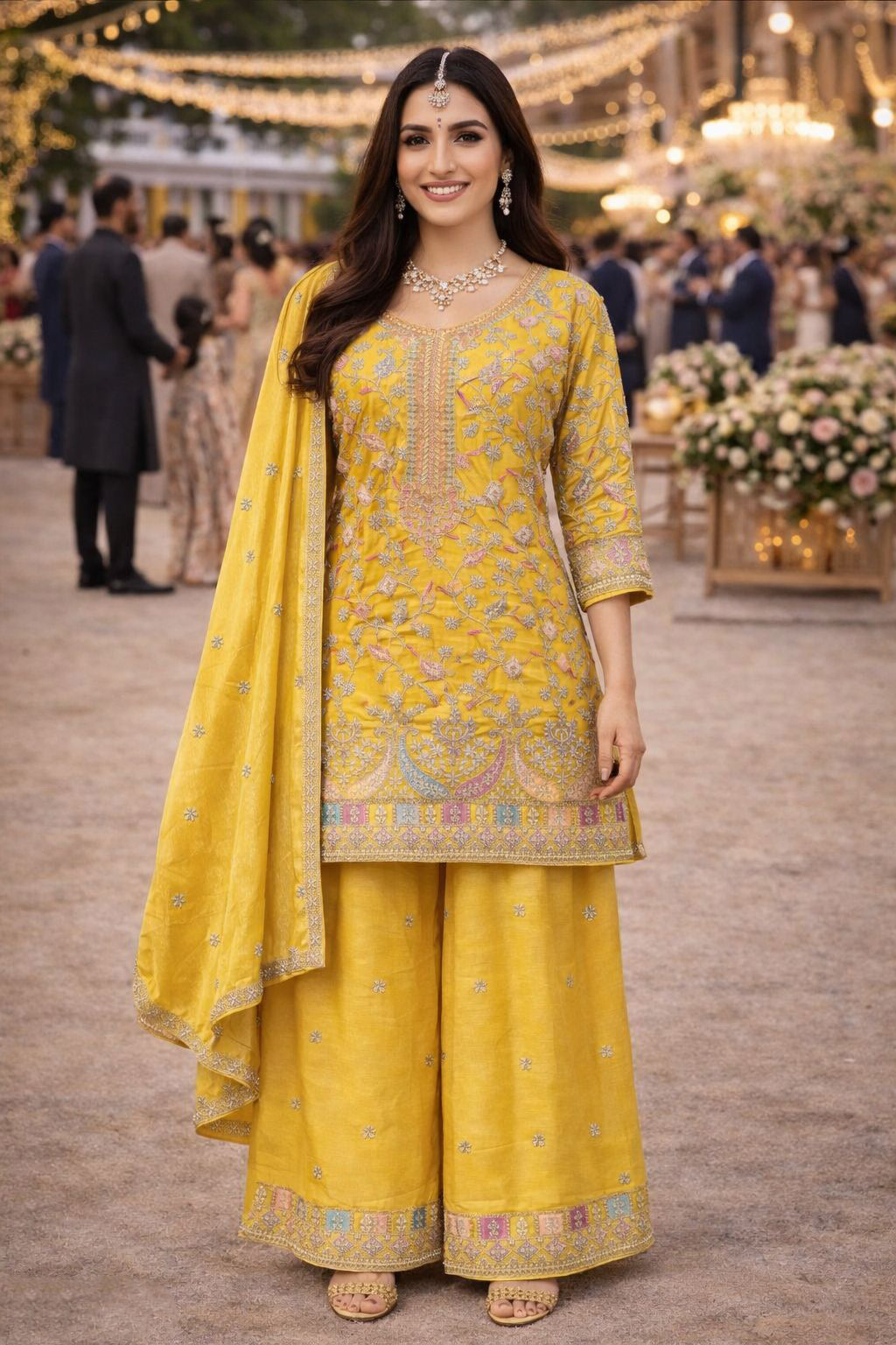 Yellow Chinon Embroidered Palazzo Suit