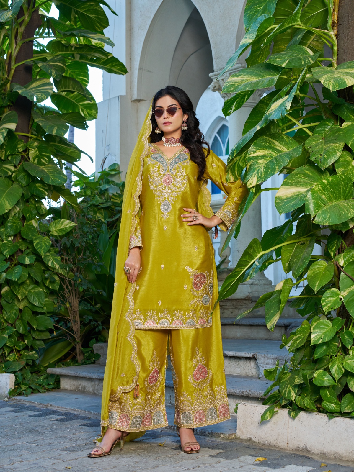 Yellow Chinon Embroidered Straight Salwar Suit