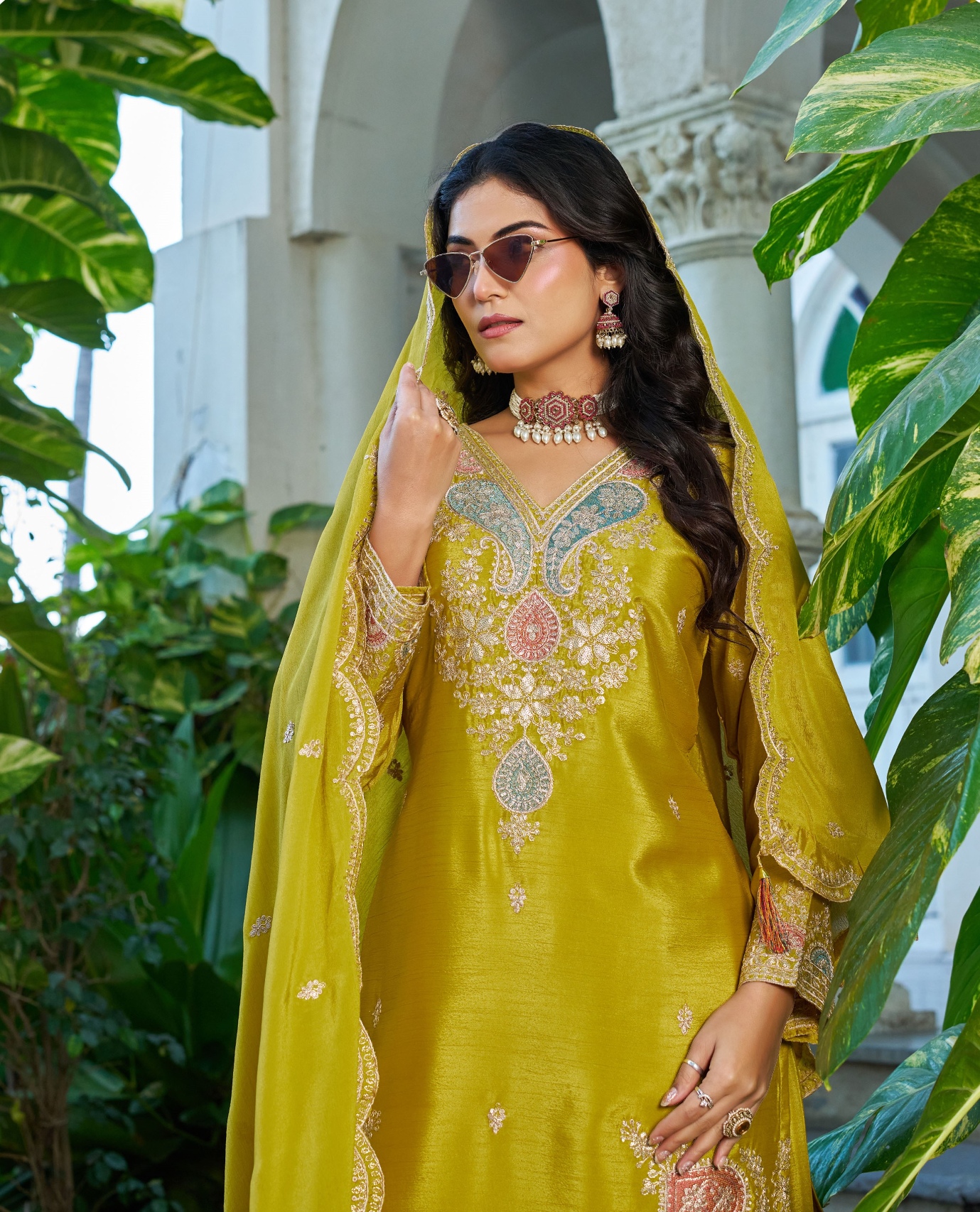 Yellow Chinon Embroidered Straight Salwar Suit — alternate view