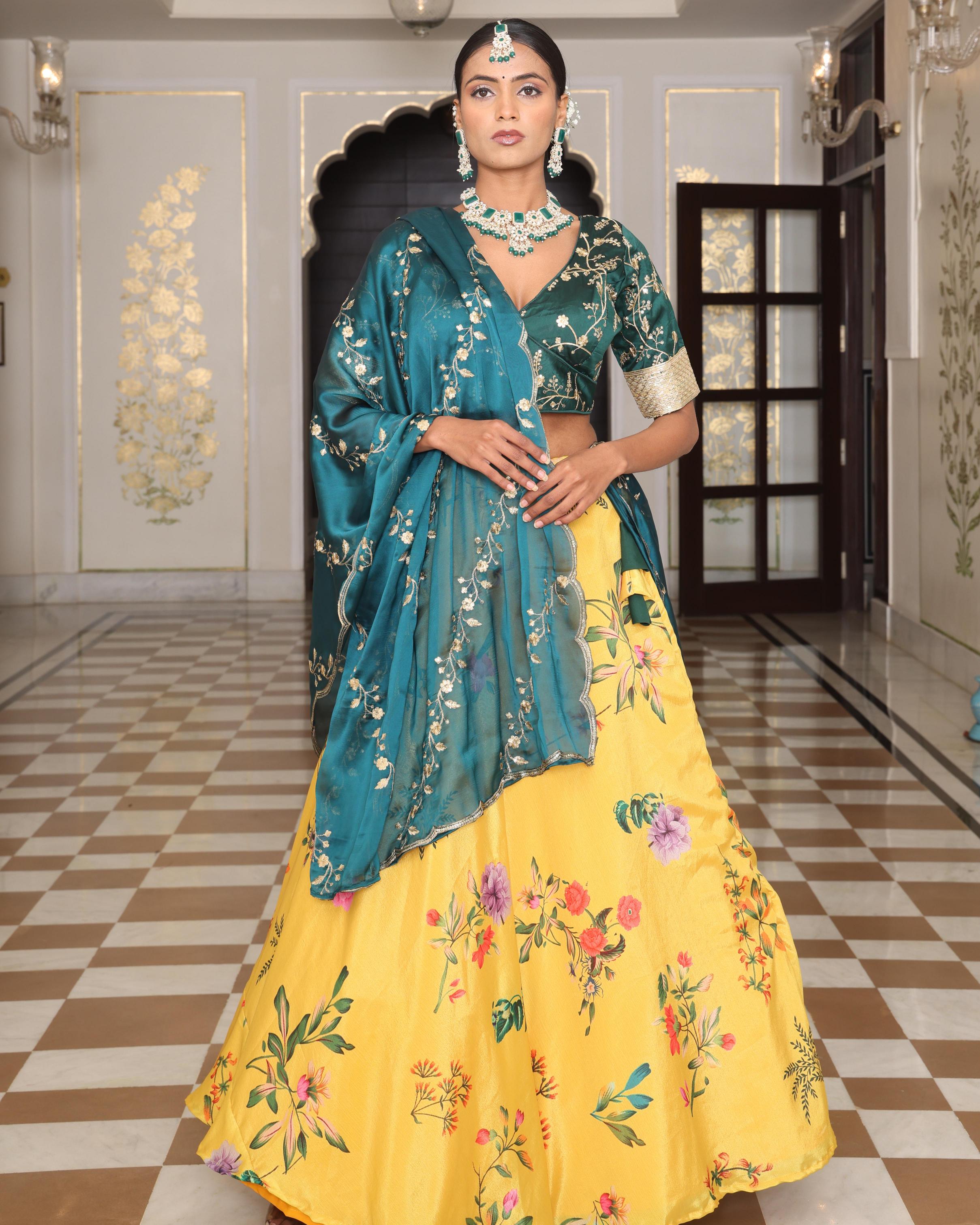 Yellow Chinon Lehenga Choli