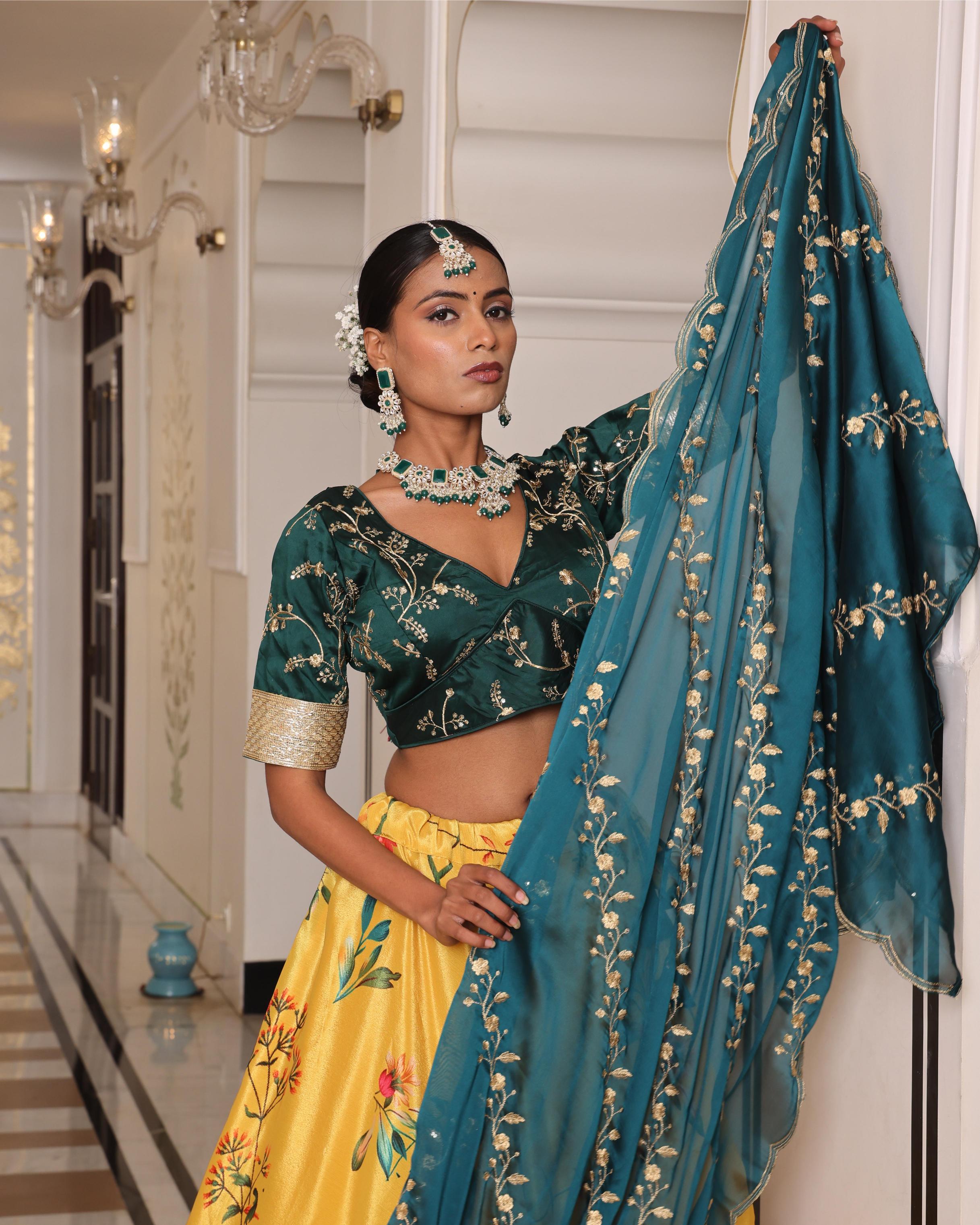 Yellow Chinon Lehenga Choli