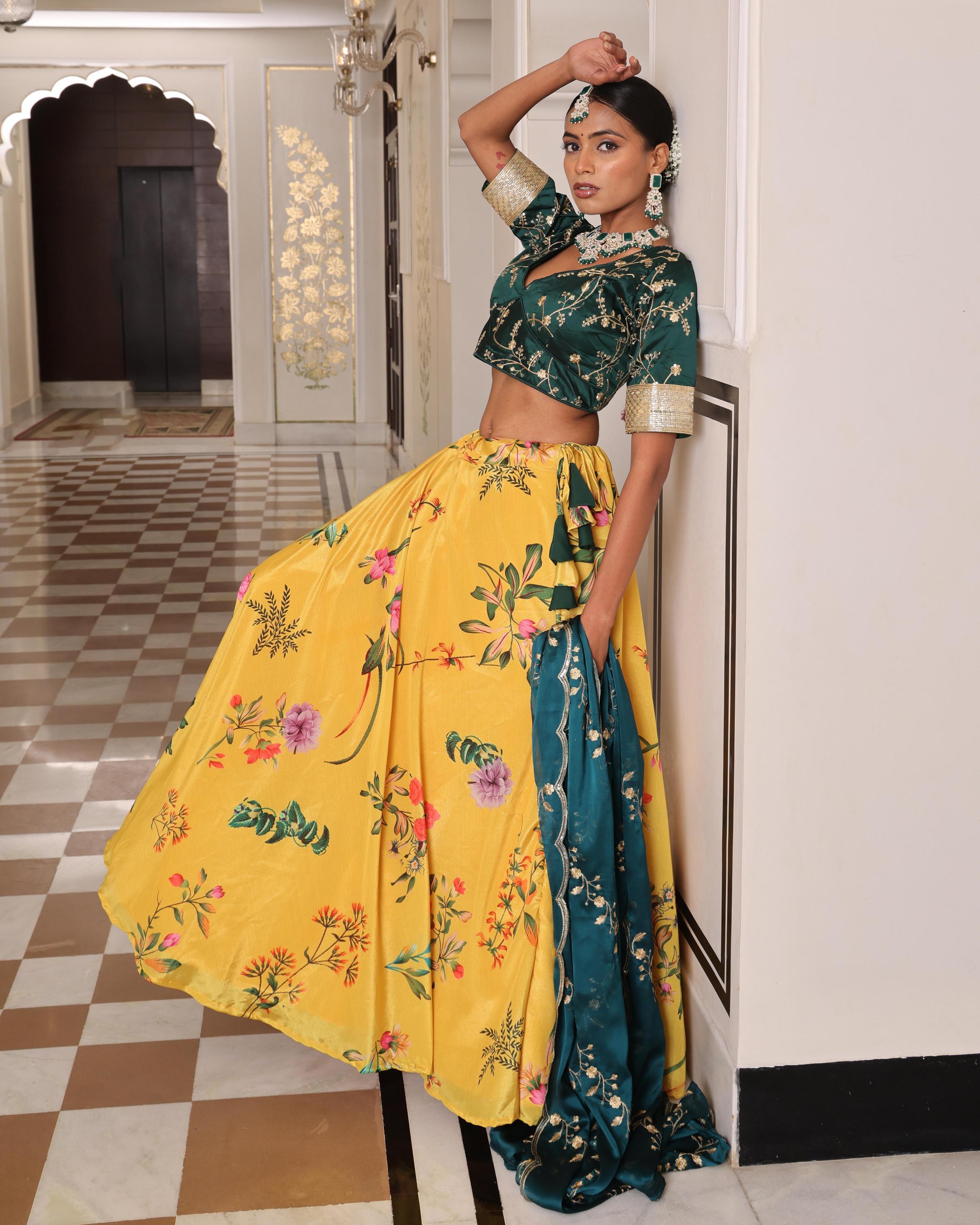 Yellow Chinon Lehenga Choli