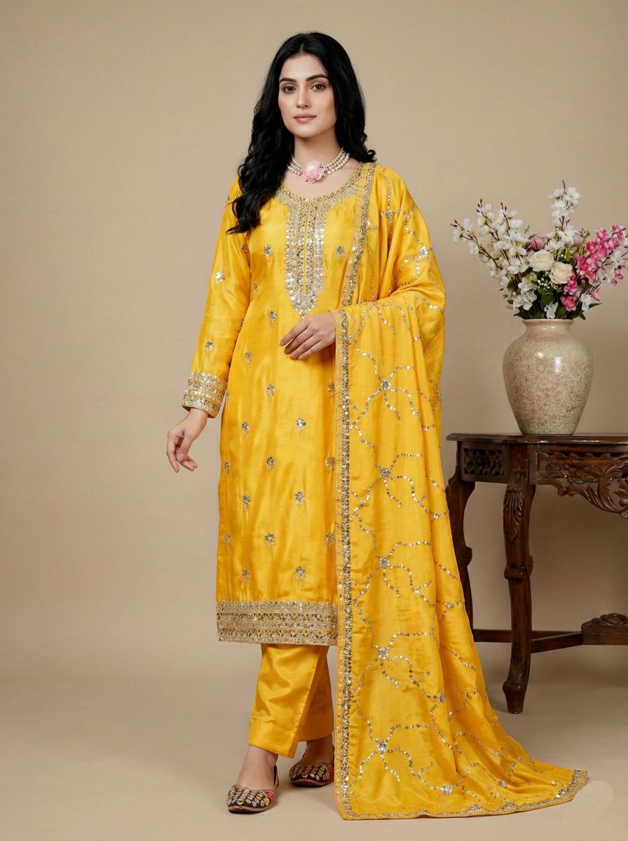 Yellow Chinon Silk Sequins Thread Designer Suit