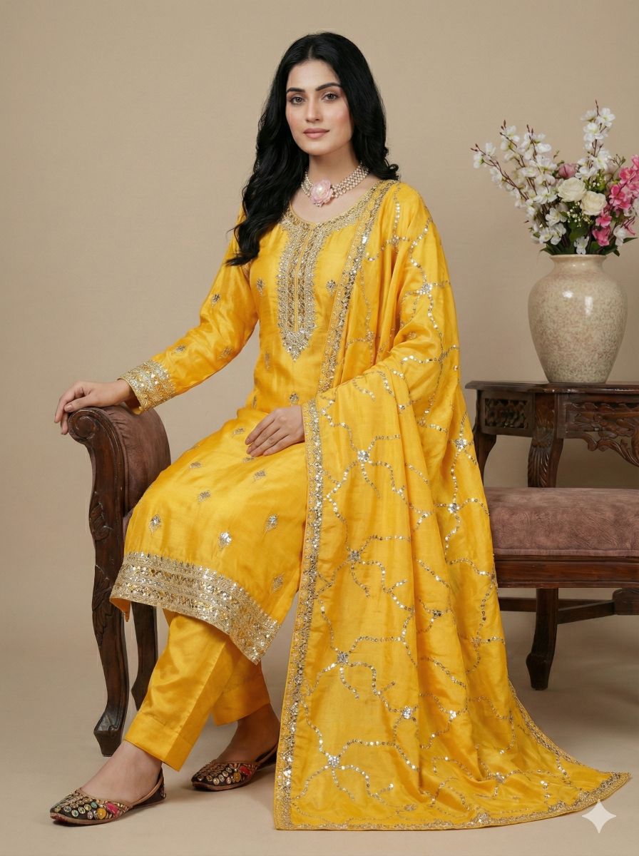 Yellow Chinon Silk Sequins Thread Designer Suit — alternate view