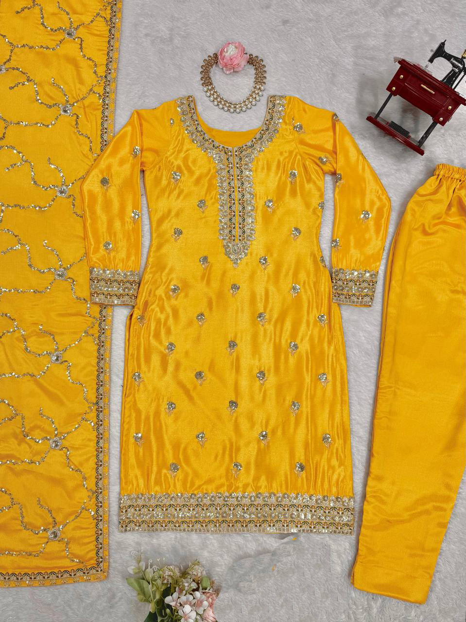 Yellow Chinon Silk Sequins Thread Designer Suit