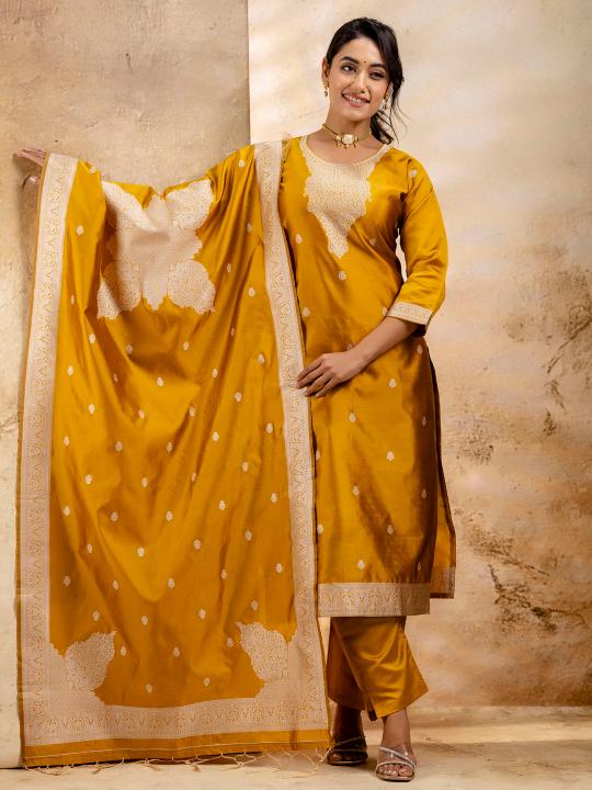 Yellow Cotton Blend Readymade Suit with Banarasi Silk Dupatta