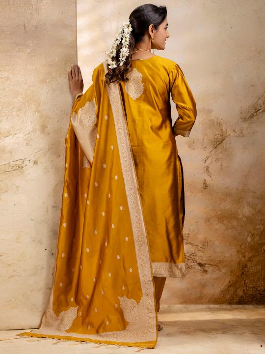 Yellow Cotton Blend Readymade Suit with Banarasi Silk Dupatta — alternate view