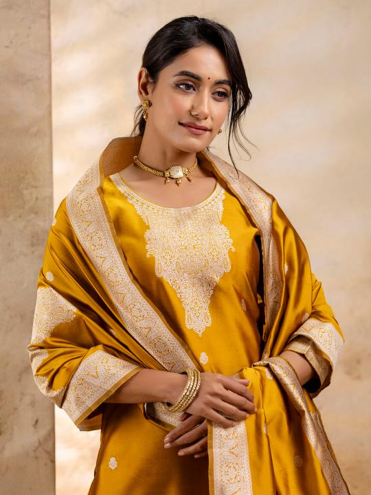 Yellow Cotton Blend Readymade Suit with Banarasi Silk Dupatta