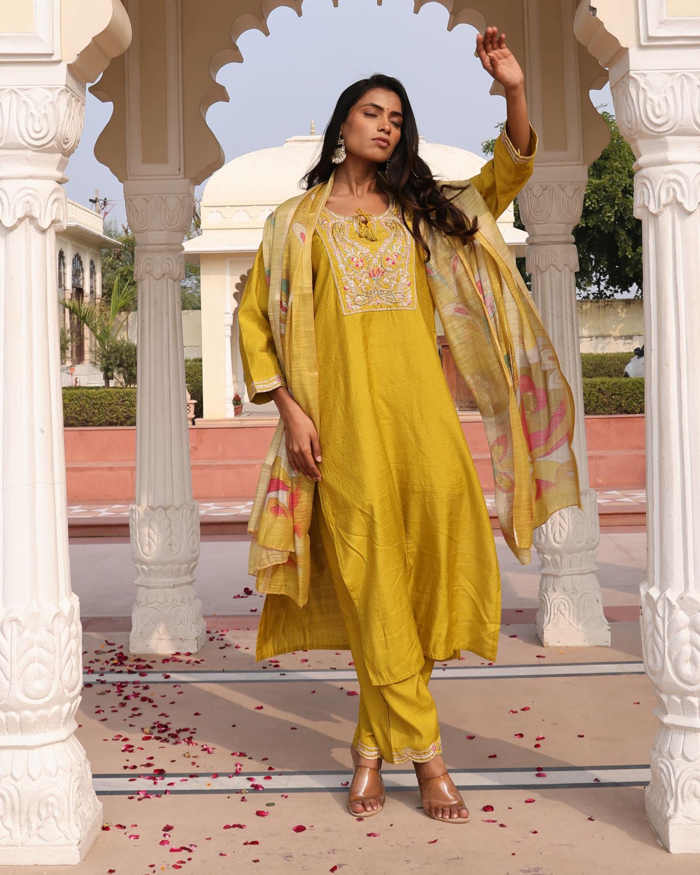 Yellow Cotton Silk Embroidered Readymade Suit