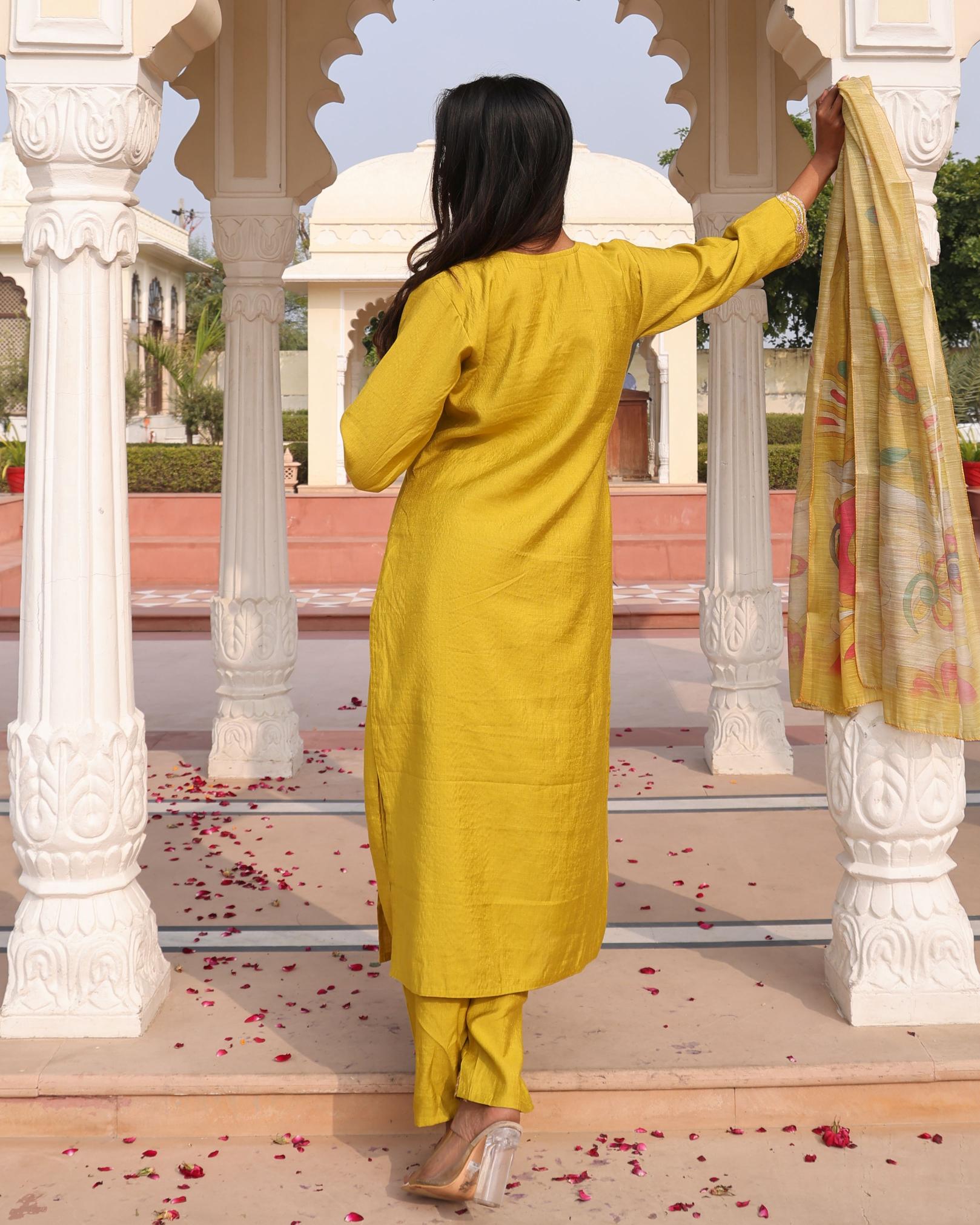 Yellow Cotton Silk Embroidered Readymade Suit — alternate view