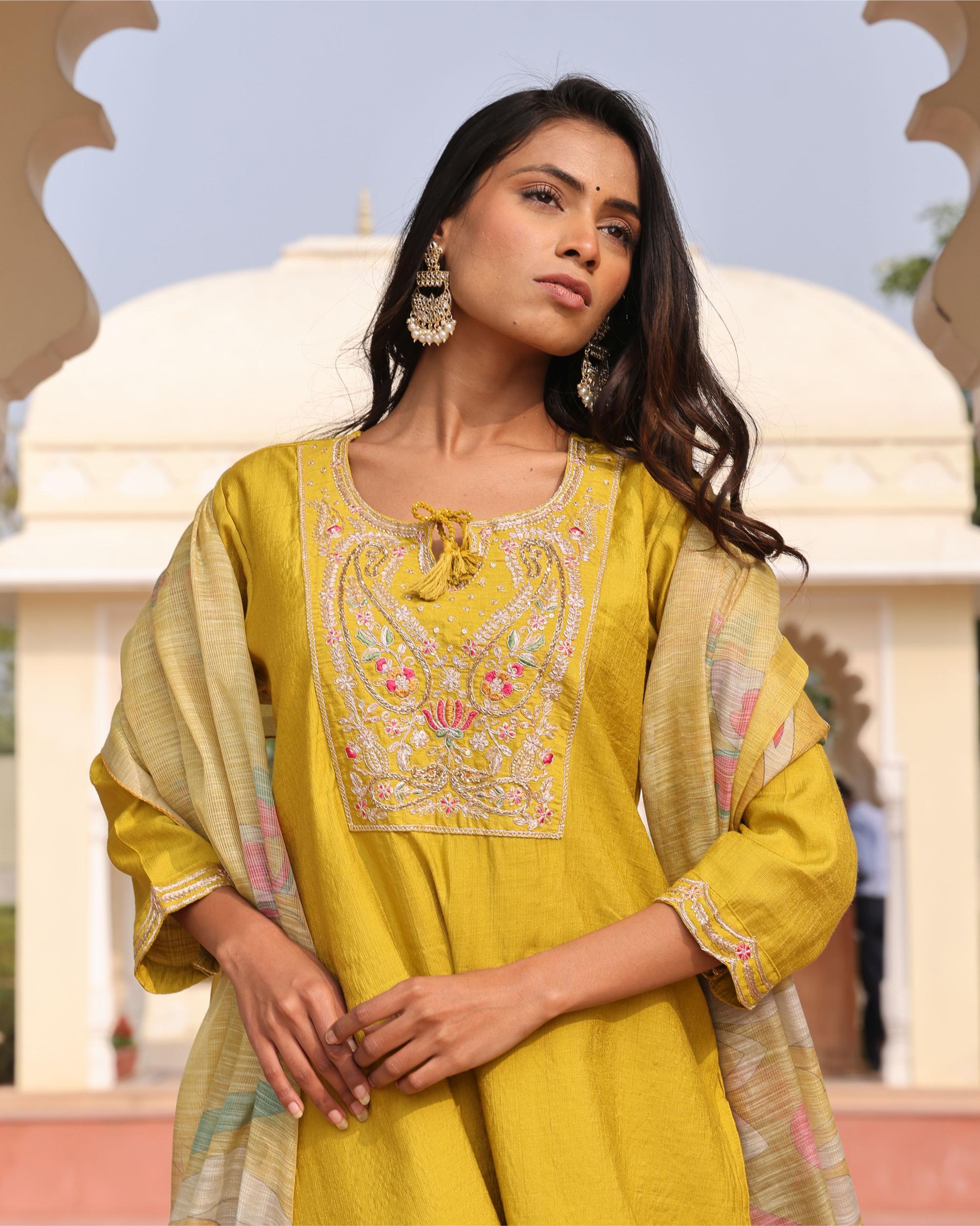 Yellow Cotton Silk Embroidered Readymade Suit