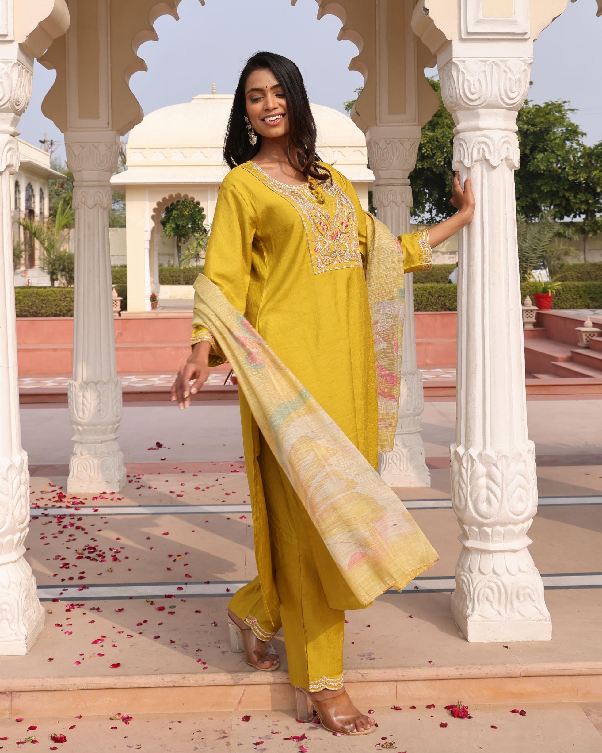 Yellow Cotton Silk Embroidered Readymade Suit