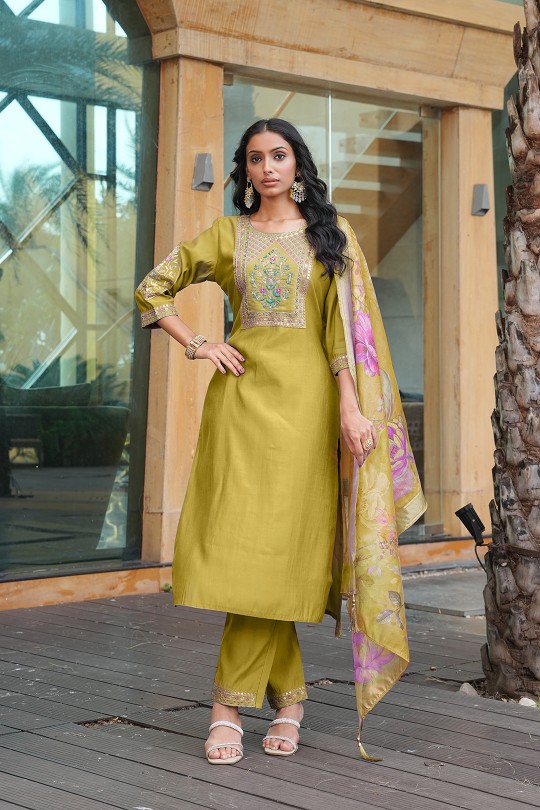 Yellow Cotton Silk Embroidered Readymade Suit