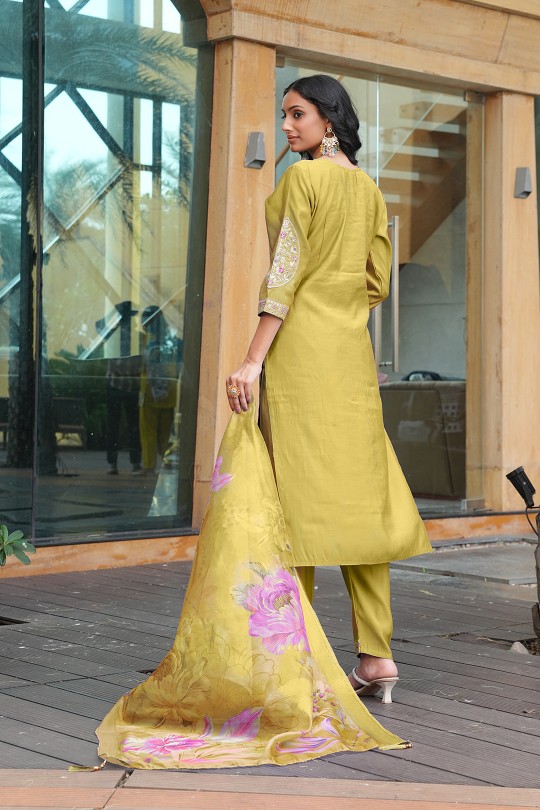 Yellow Cotton Silk Embroidered Readymade Suit — alternate view