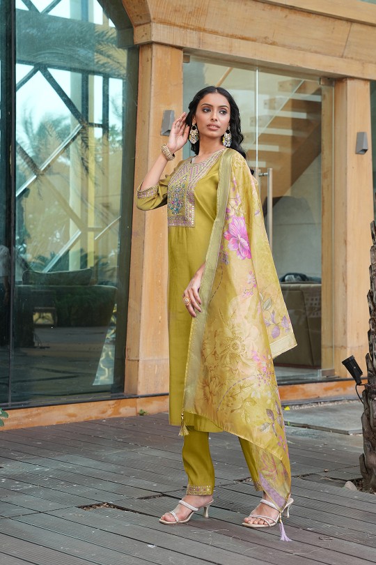 Yellow Cotton Silk Embroidered Readymade Suit