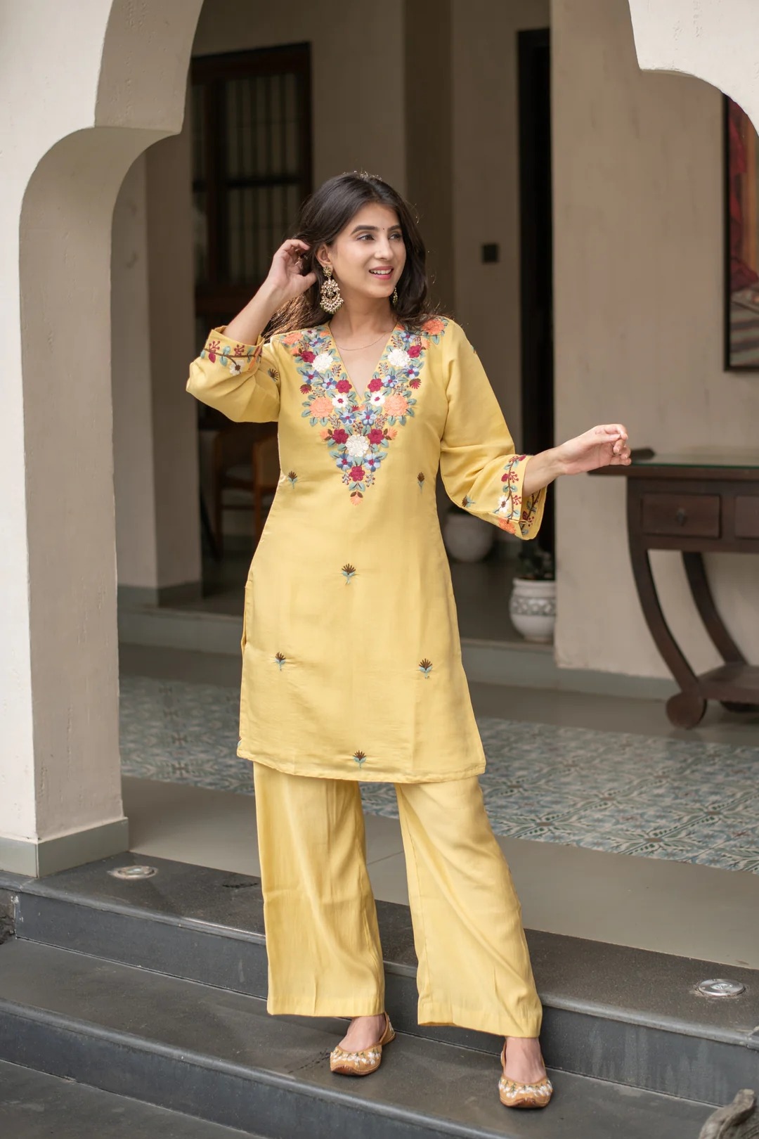 Yellow Crepe Embroidered Straight Kurta Set
