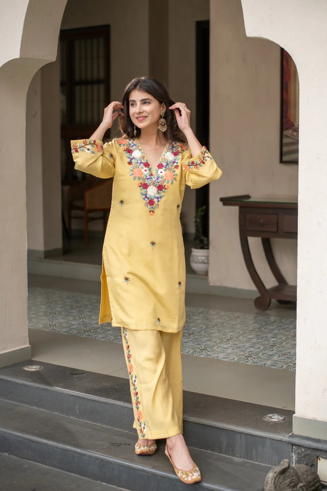 Yellow Crepe Embroidered Straight Kurta Set