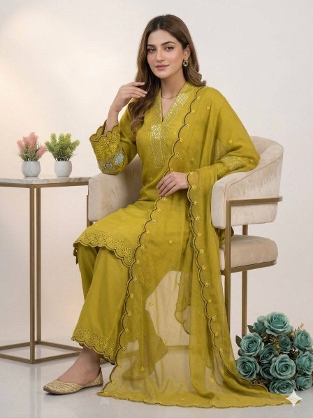 Yellow Cutwork Embroidered Mal Chanderi Silk Salwar Suit — alternate view