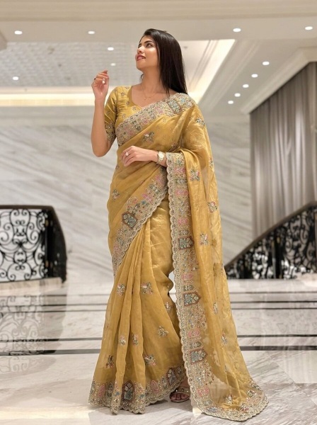 Yellow Cutwork Zarkan Embroidered Space Silk Saree