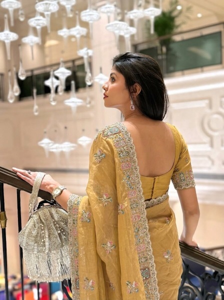Yellow Cutwork Zarkan Embroidered Space Silk Saree — alternate view