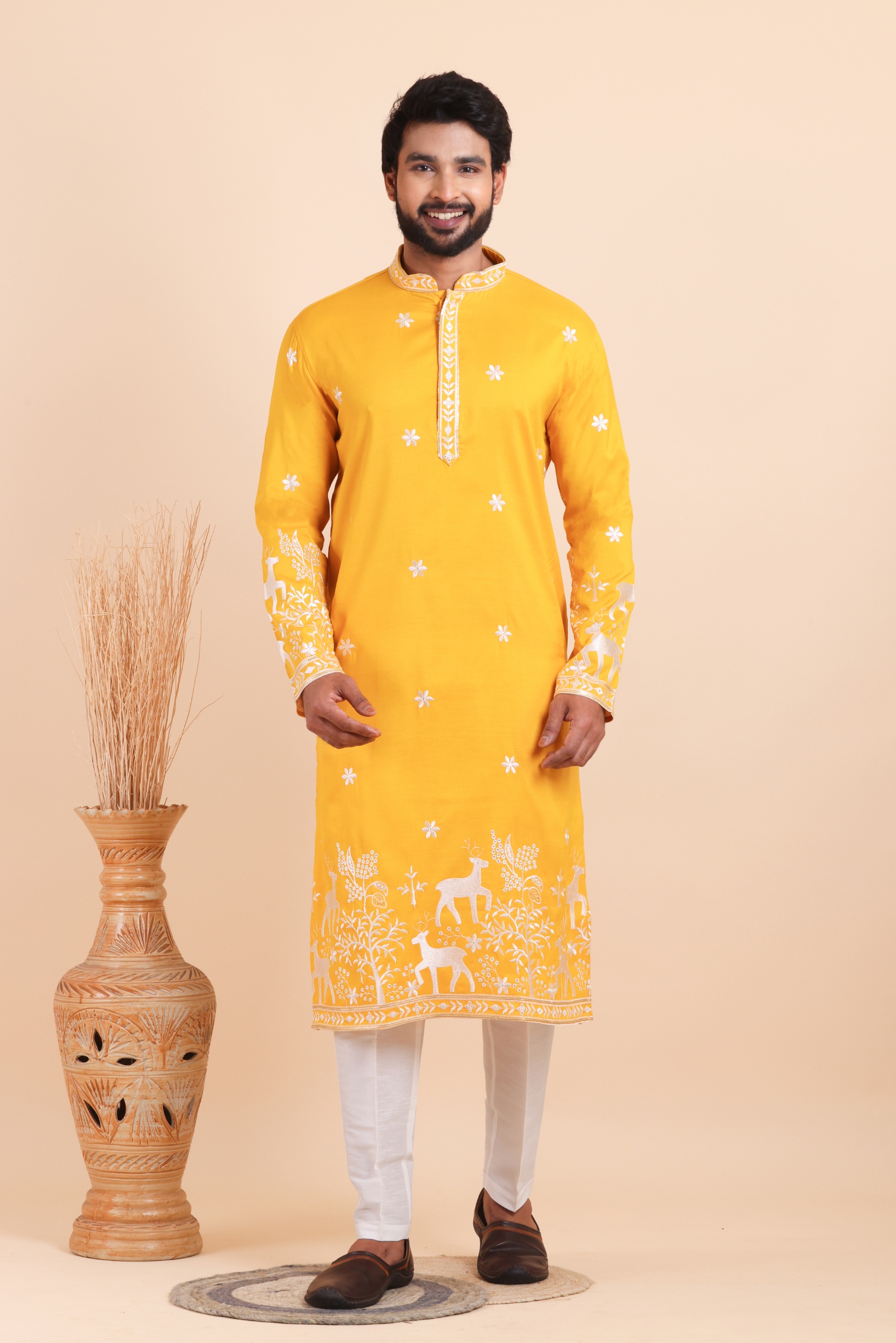 Yellow Deer Embroidered Silk Kurta Trouser Set