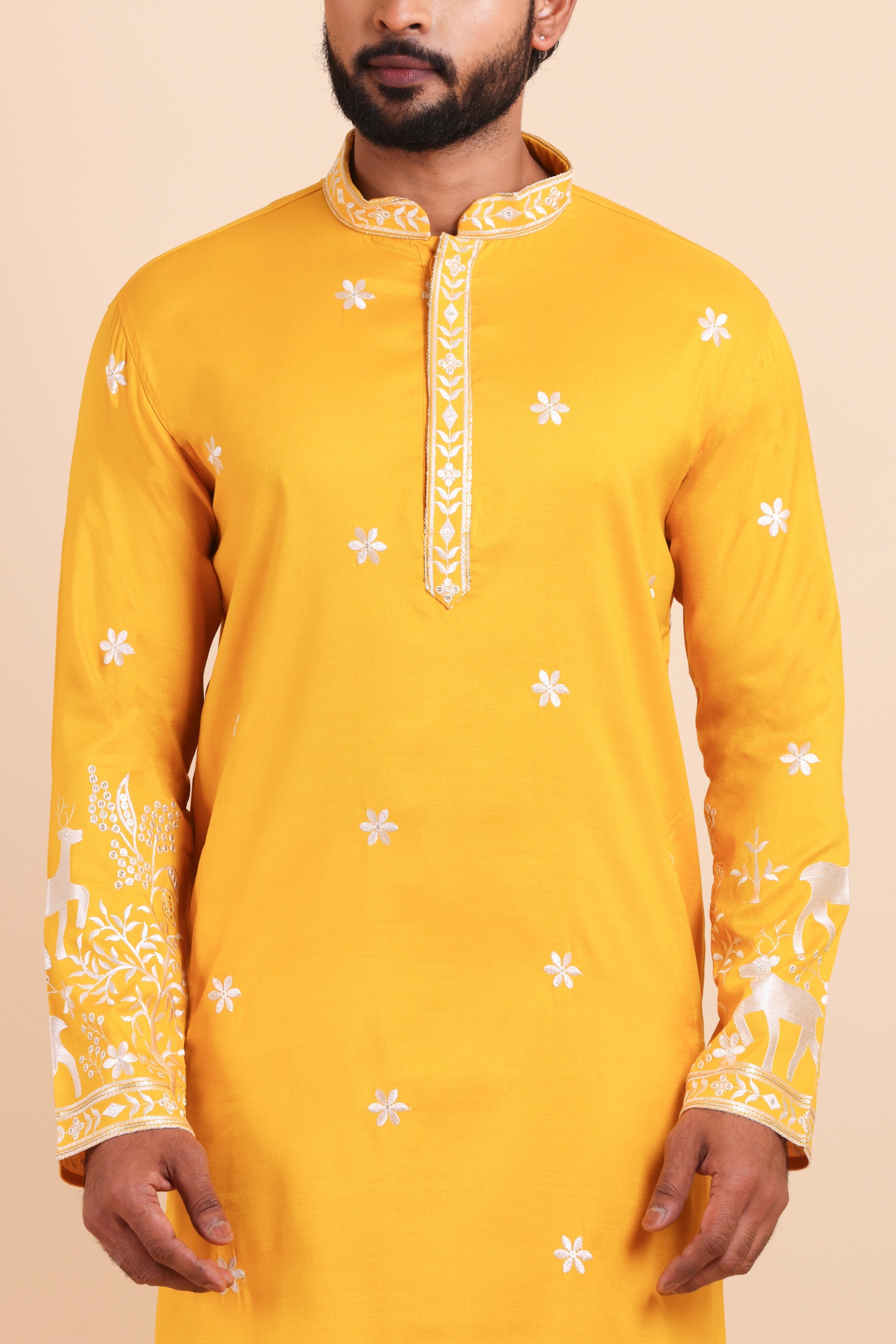 Yellow Deer Embroidered Silk Kurta Trouser Set