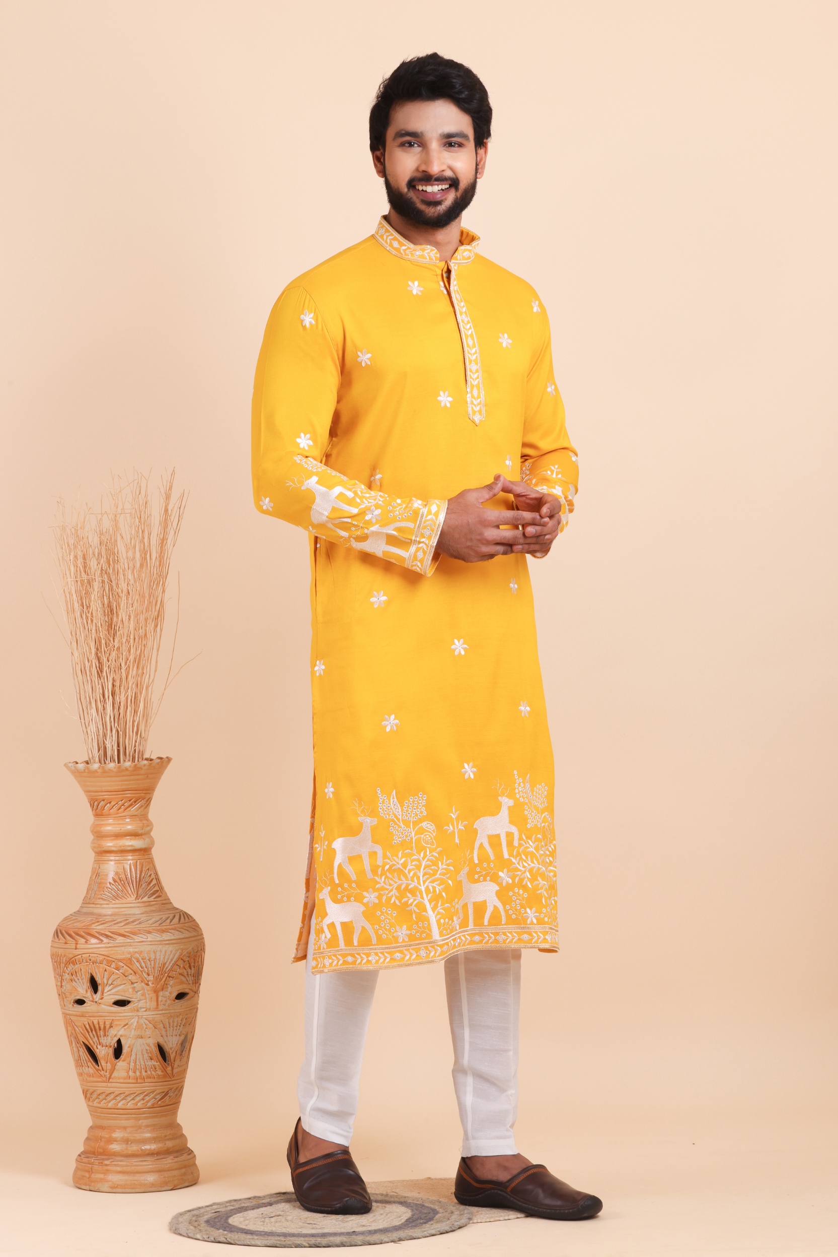 Yellow Deer Embroidered Silk Kurta Trouser Set