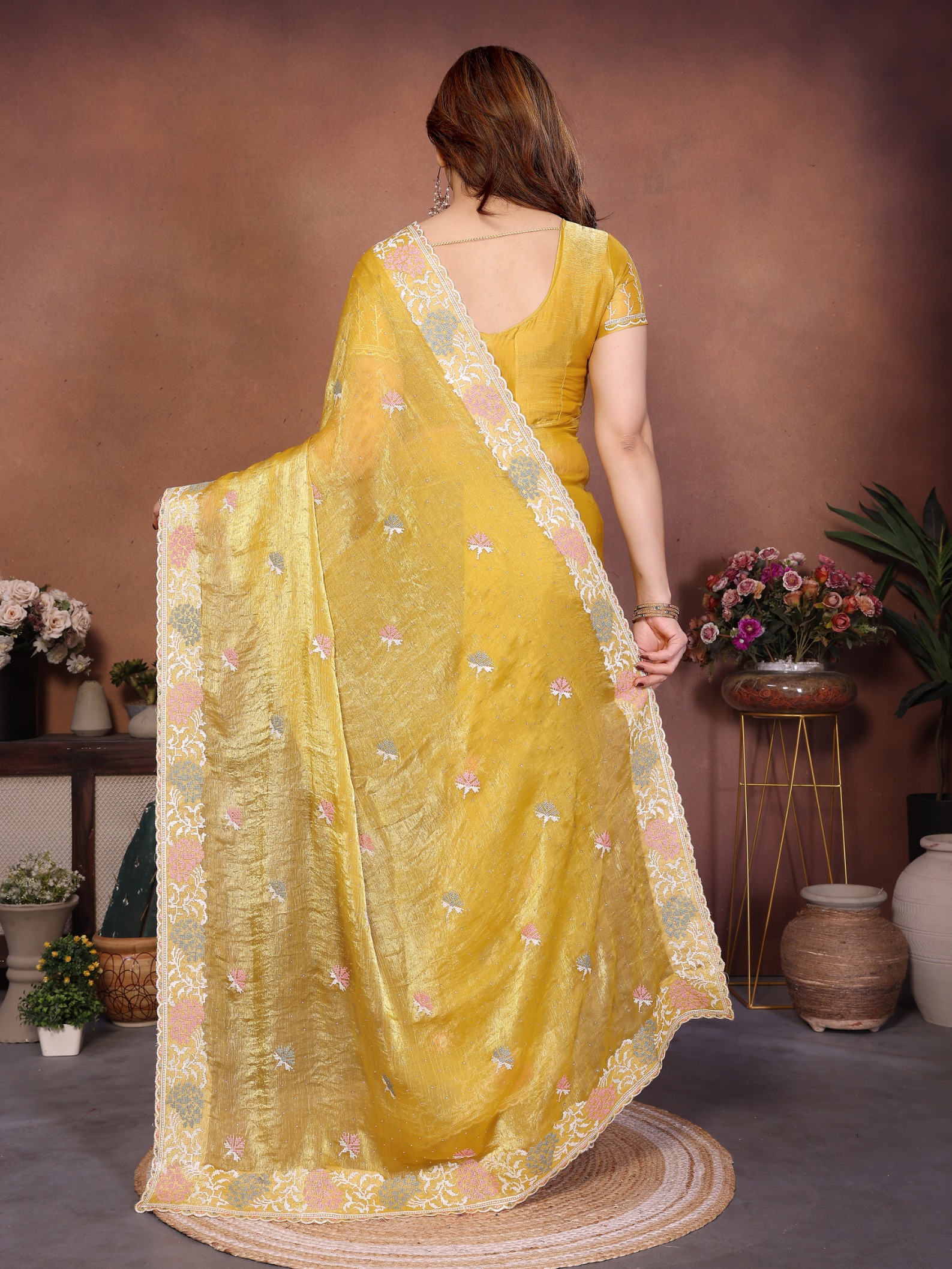 Yellow Designer Embroidered Fendy Chiffon Saree — alternate view