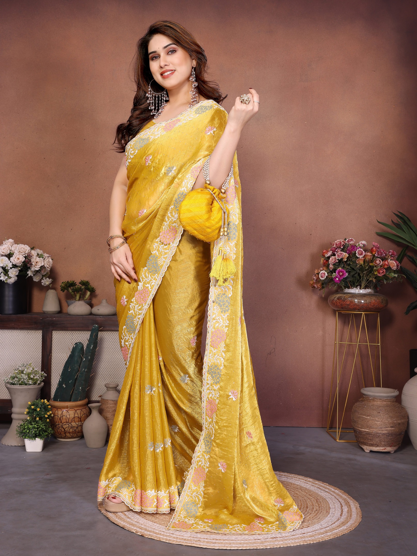 Yellow Designer Embroidered Fendy Chiffon Saree