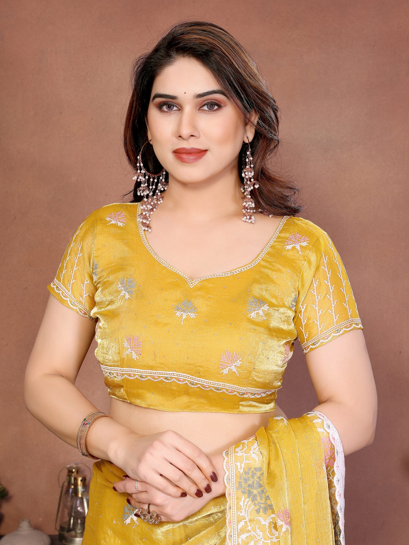 Yellow Designer Embroidered Fendy Chiffon Saree