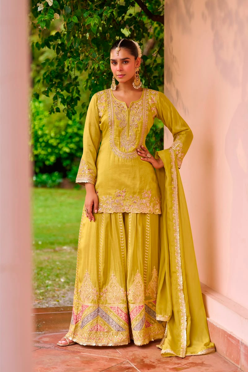 Yellow Designer Embroidery Chinon Palazzo Suit