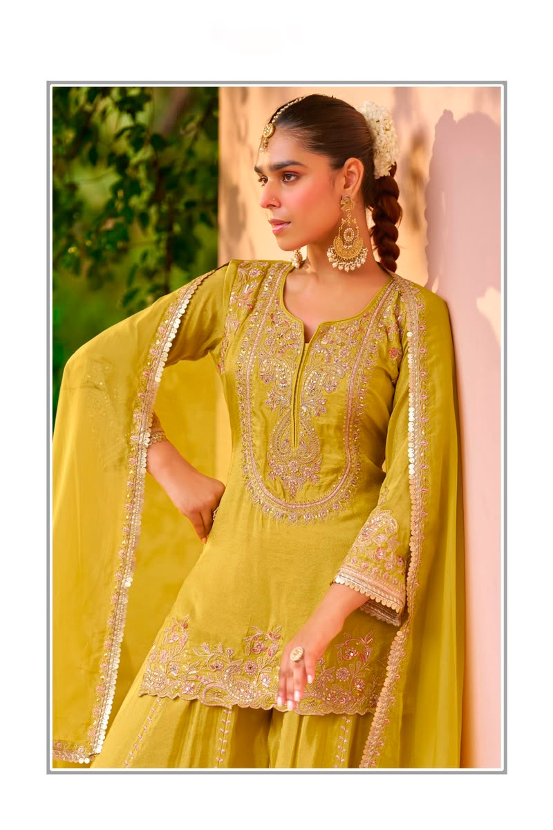 Yellow Designer Embroidery Chinon Palazzo Suit — alternate view