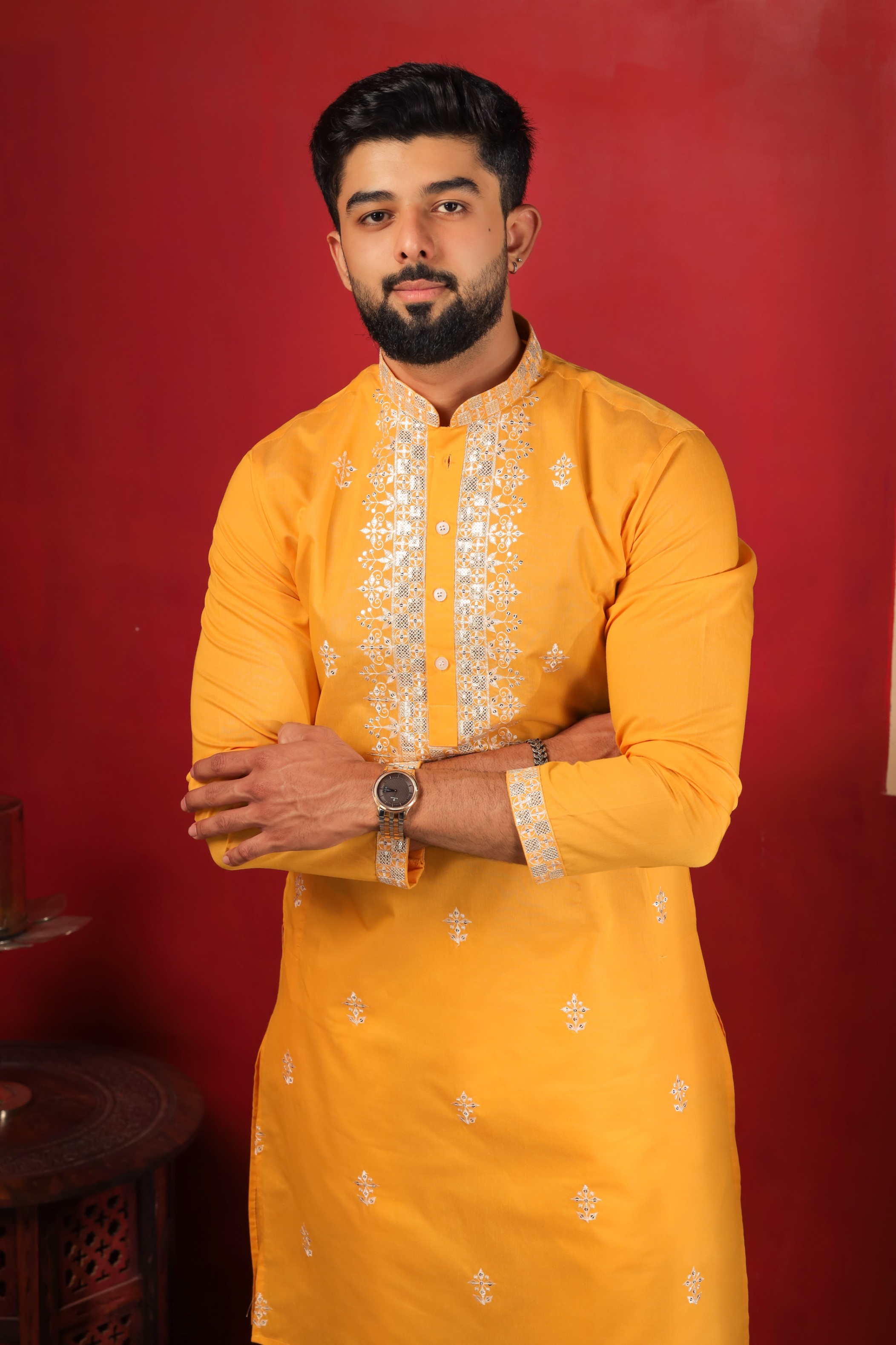 Yellow Designer Embroidery Cotton Kurta Pyjama