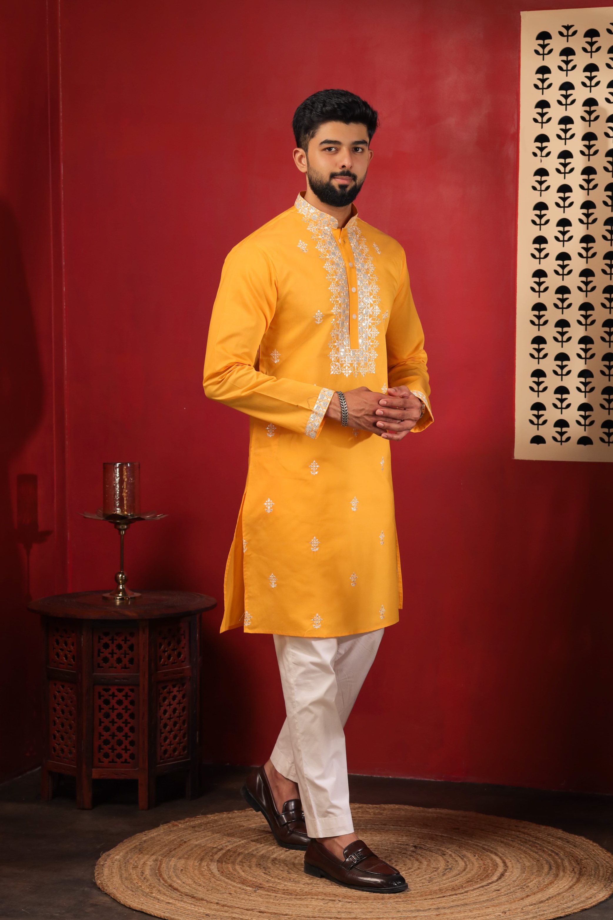 Yellow Designer Embroidery Cotton Kurta Pyjama