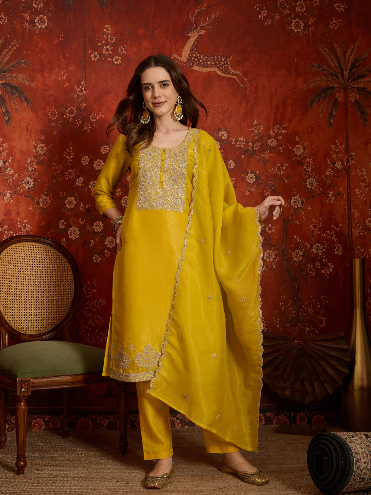 Yellow Designer Embroidery Silk Straight Suit