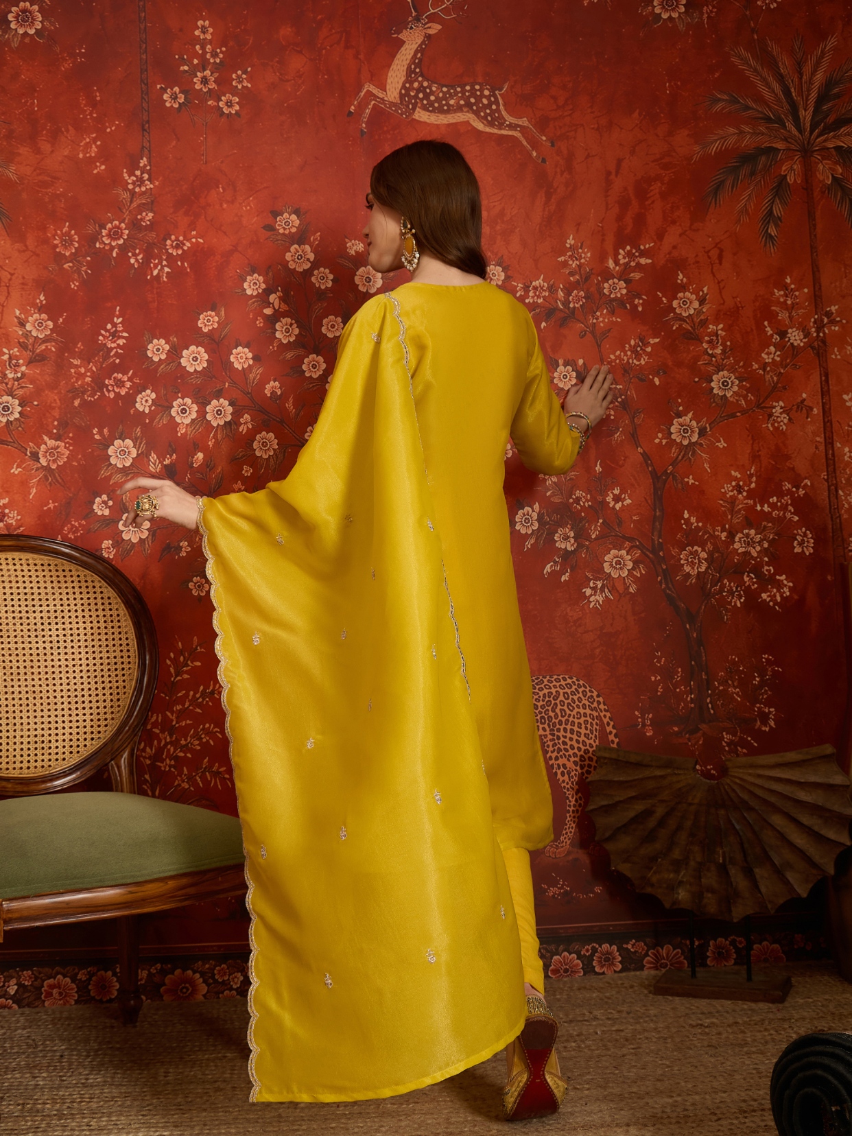 Yellow Designer Embroidery Silk Straight Suit — alternate view