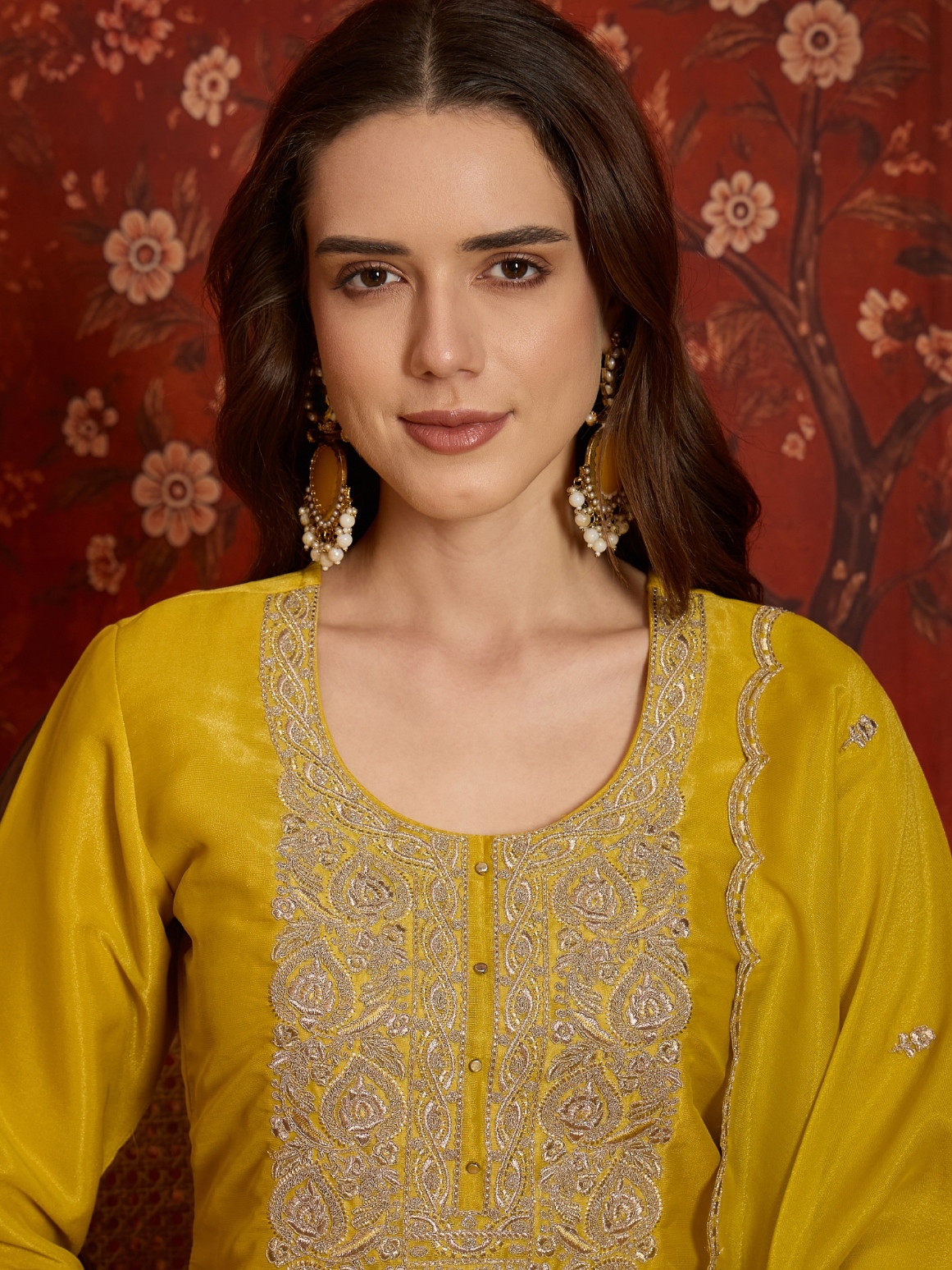 Yellow Designer Embroidery Silk Straight Suit