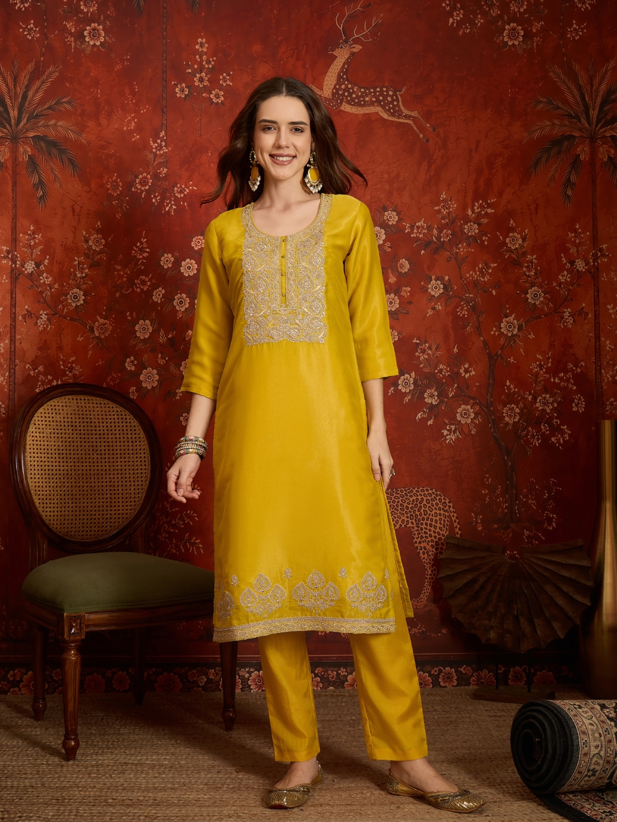 Yellow Designer Embroidery Silk Straight Suit