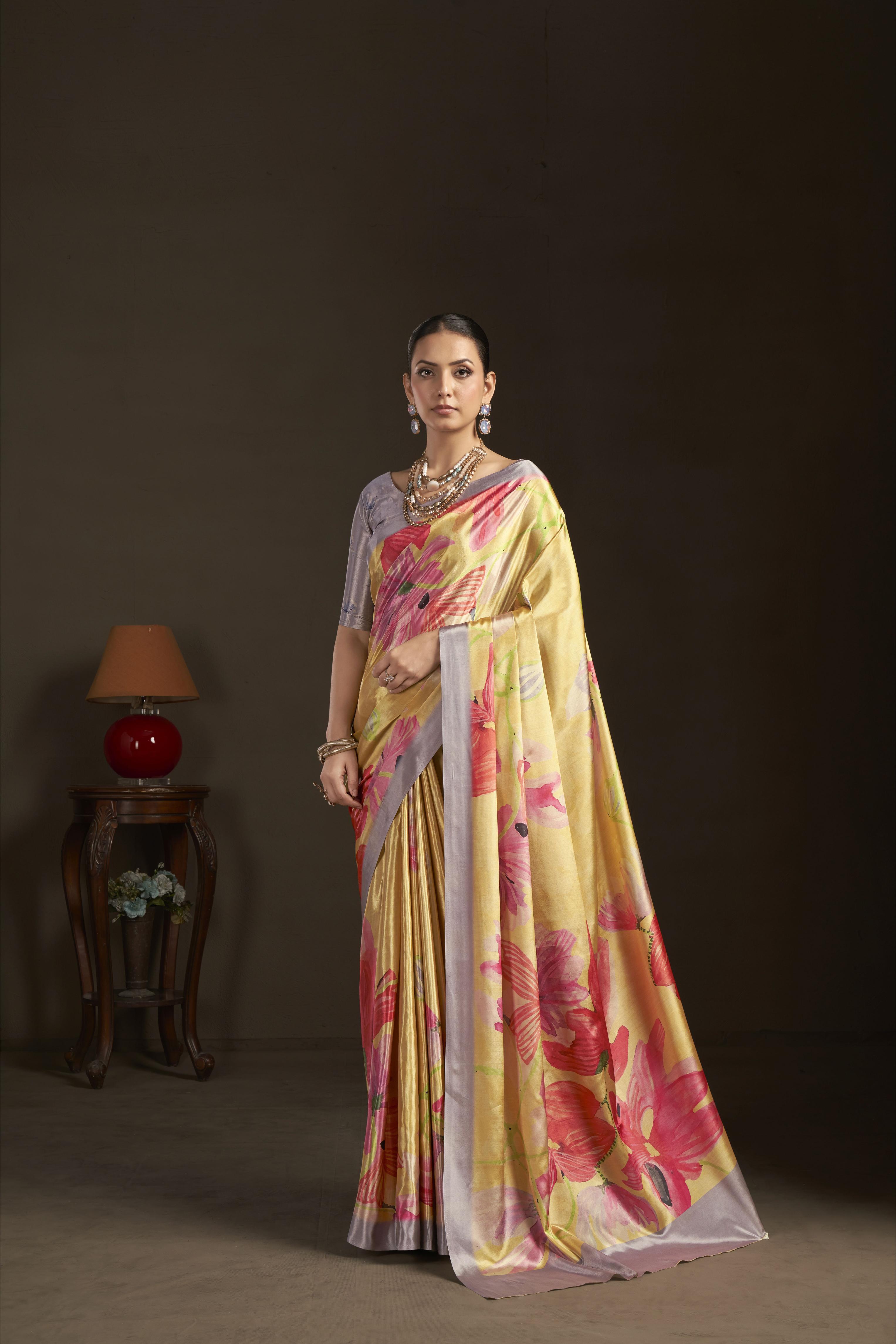 Yellow Digital Printed Silk Crepe Ready-to-Wear Saree