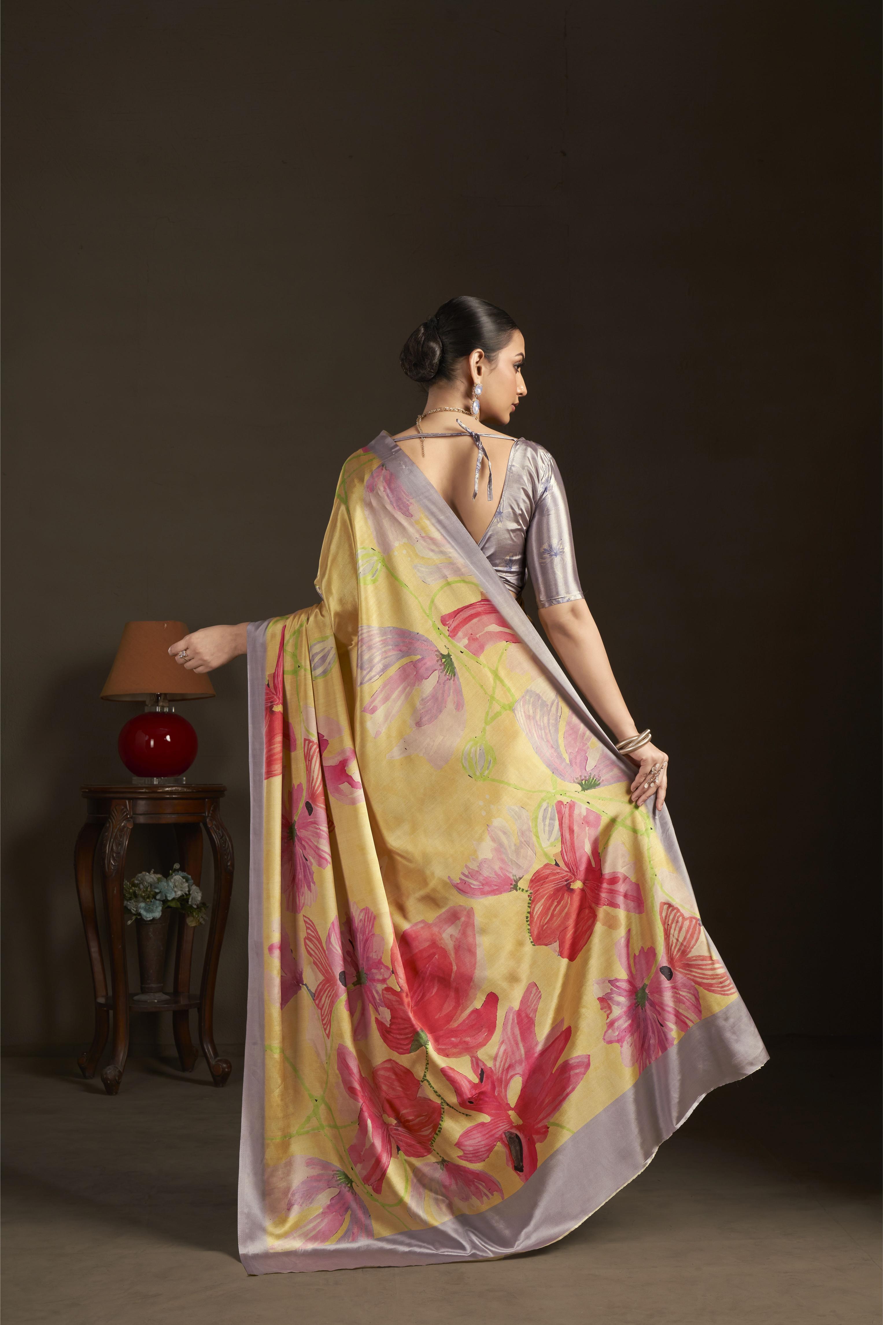 Yellow Digital Printed Silk Crepe Ready-to-Wear Saree — alternate view