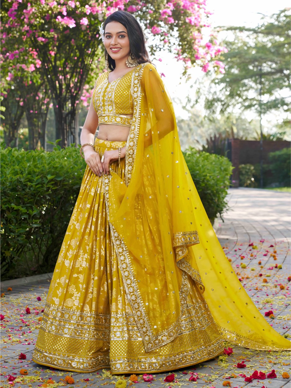 Yellow Dola Silk Jacquard Bridal Lehenga