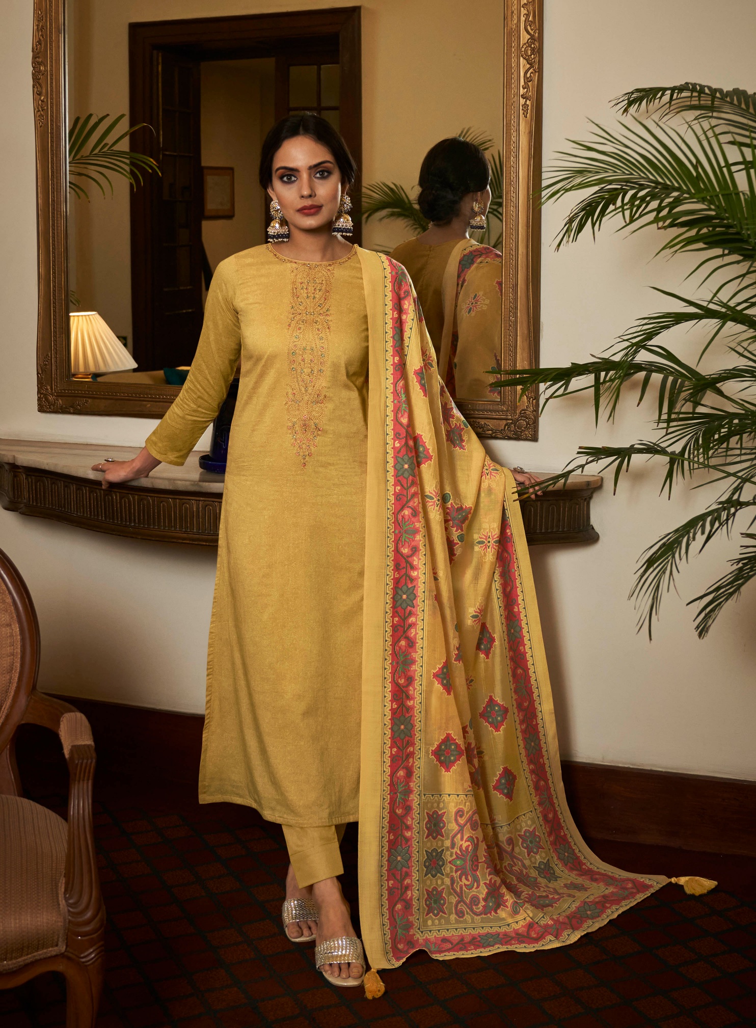 Yellow Embroidered Cambric Cotton Straight Salwar Suit