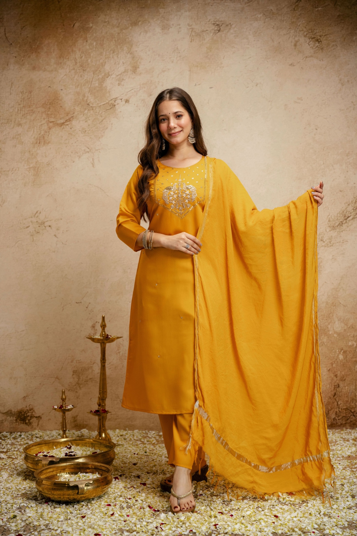 Yellow Embroidered Chanderi Salwar Suit