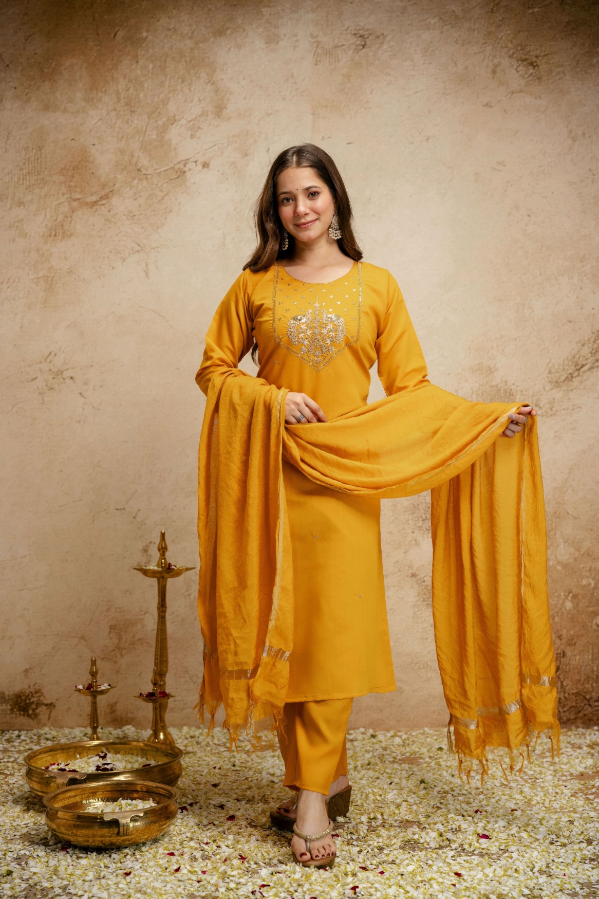 Yellow Embroidered Chanderi Salwar Suit