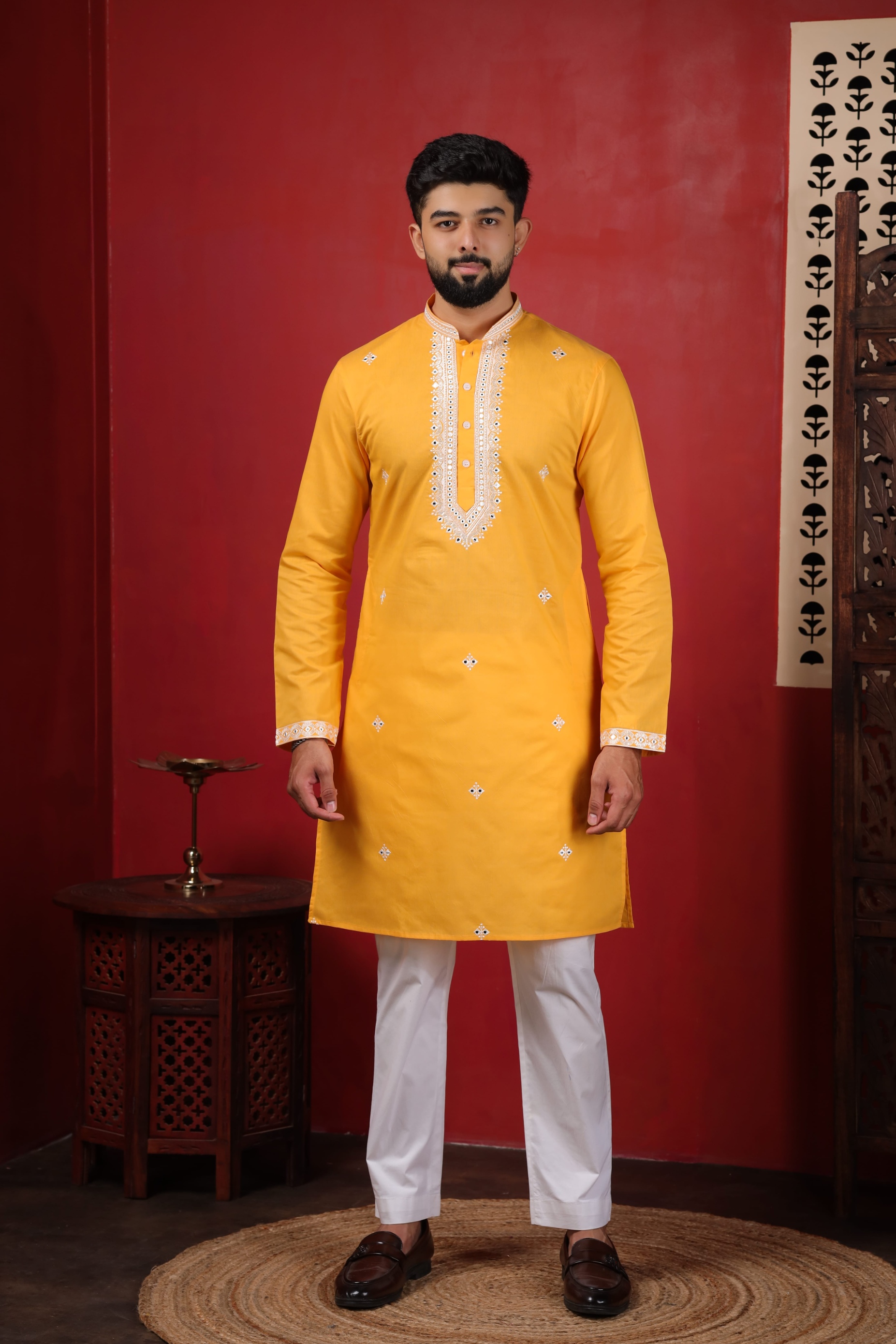 Yellow Embroidered Cotton Kurta Pyjama