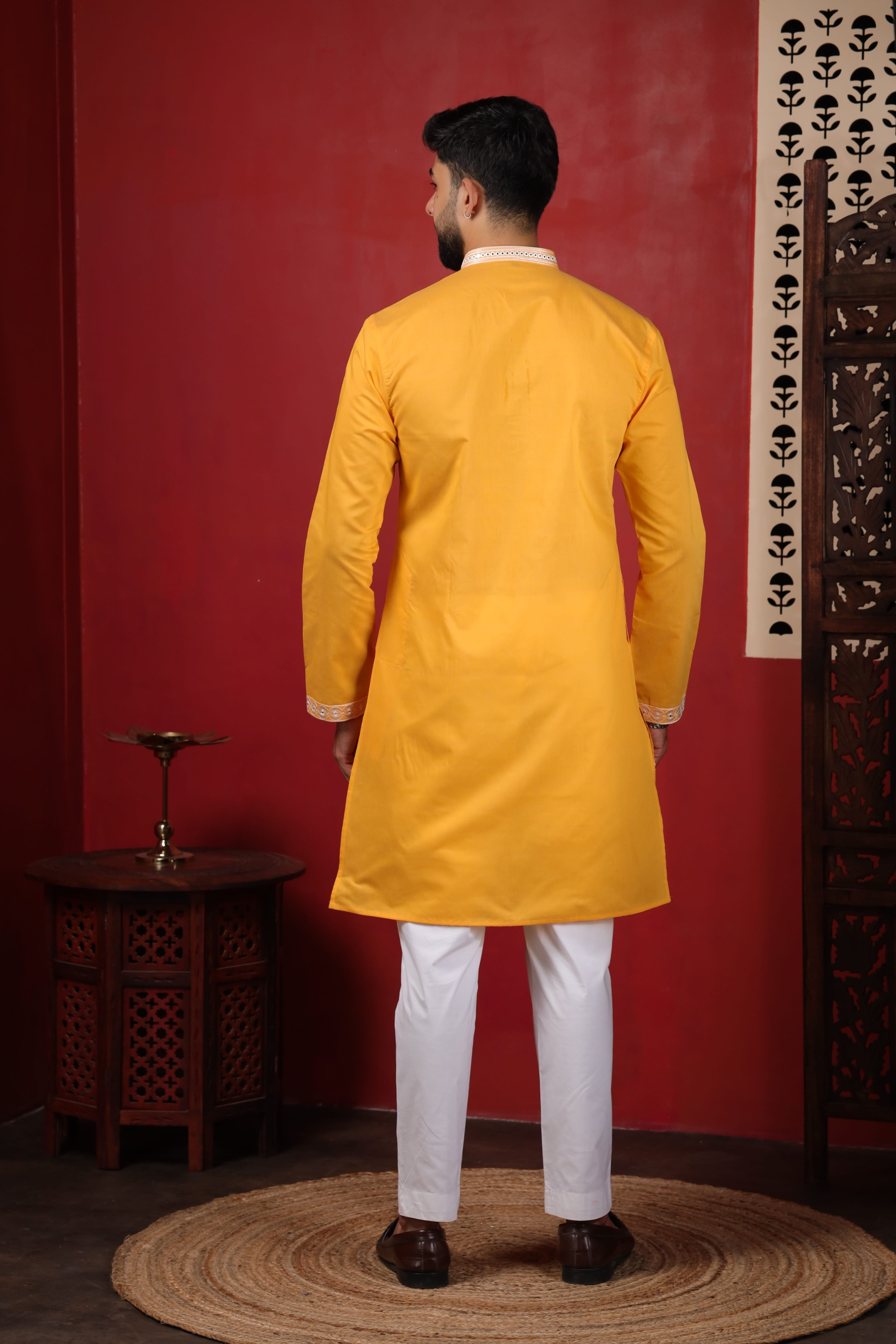 Yellow Embroidered Cotton Kurta Pyjama — alternate view