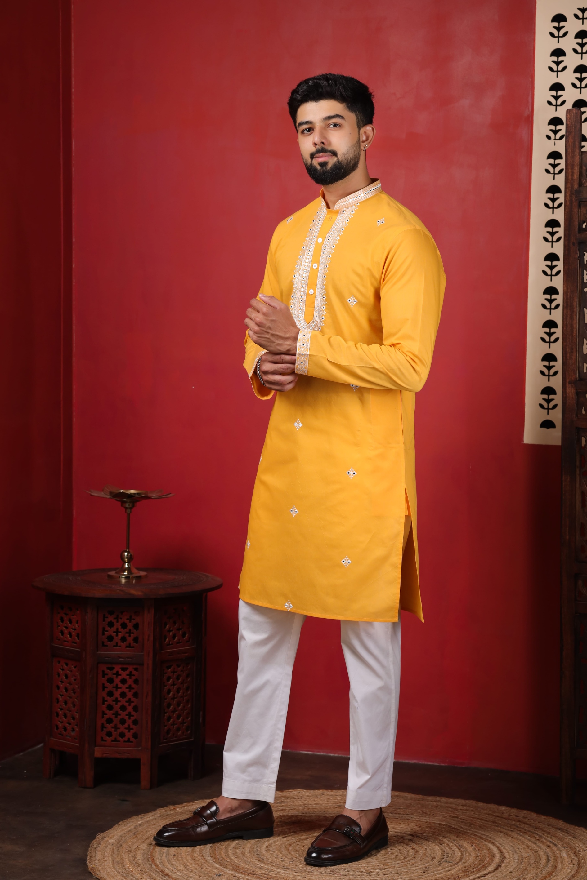 Yellow Embroidered Cotton Kurta Pyjama